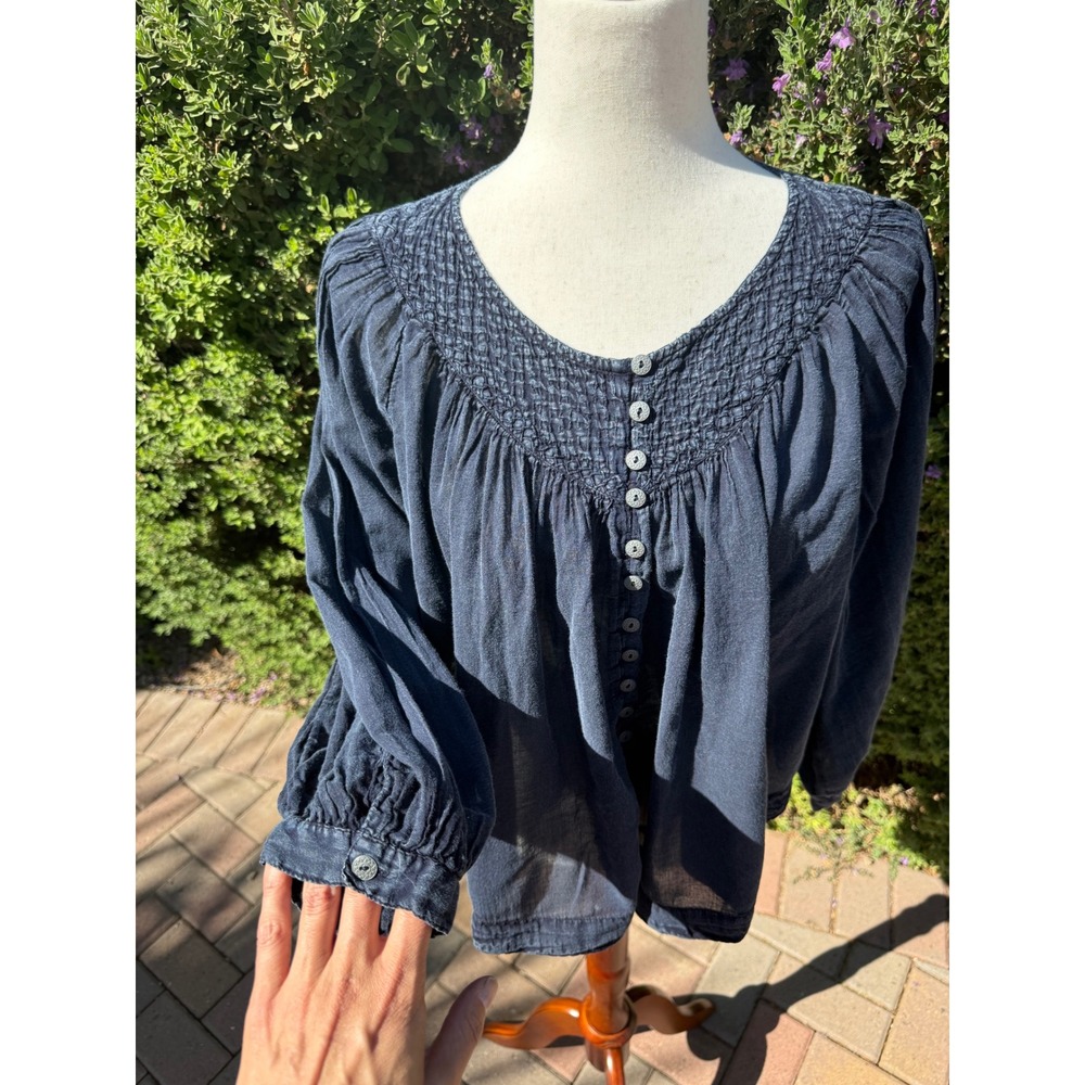 Free People We The Free Navy Blue Smocked Button Down Peasant Blouse Top - Picture 3 of 11